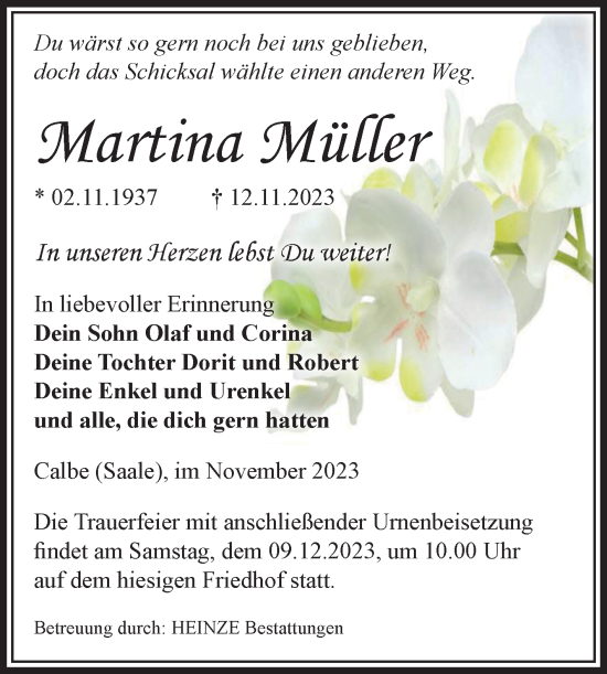 Traueranzeige von Martina Müller von Volksstimme Schönebeck
