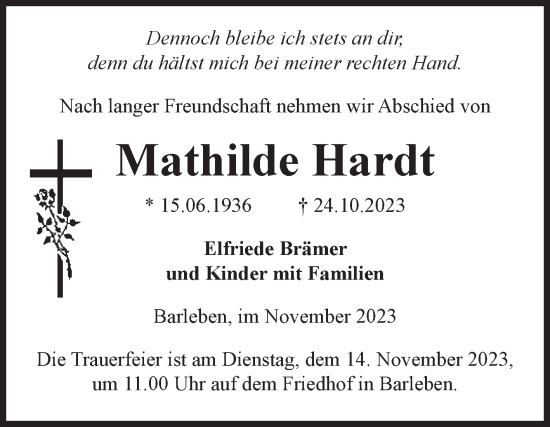 Traueranzeige von Mathilde Hardt von Volksstimme Haldensleben/Wolmirstedt