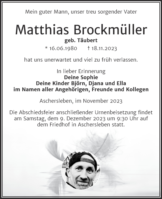 Traueranzeige von Matthias Brockmüller von Trauerkombi Aschersleben