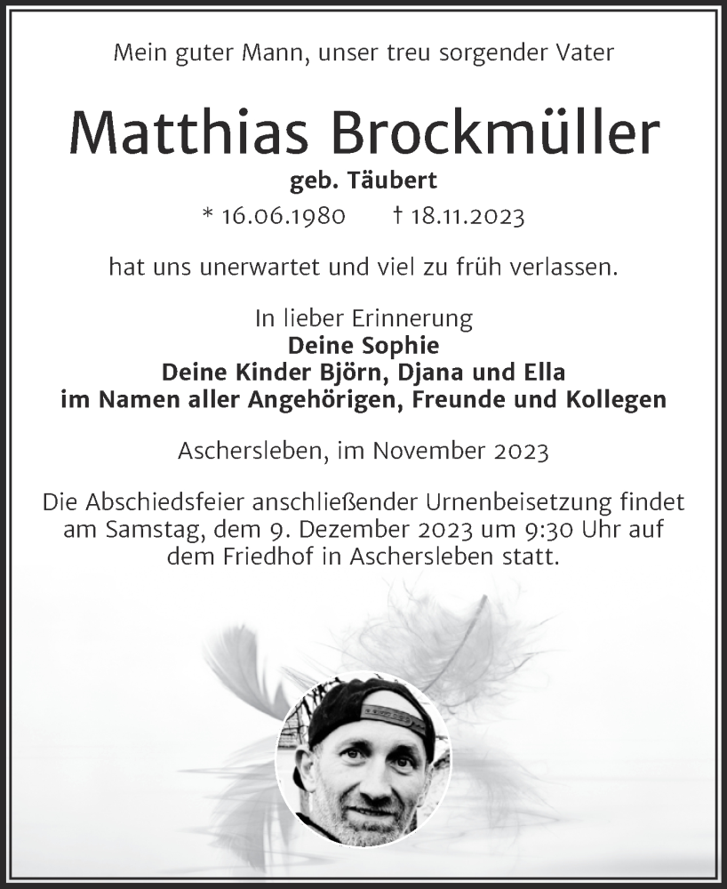  Traueranzeige für Matthias Brockmüller vom 25.11.2023 aus Trauerkombi Aschersleben