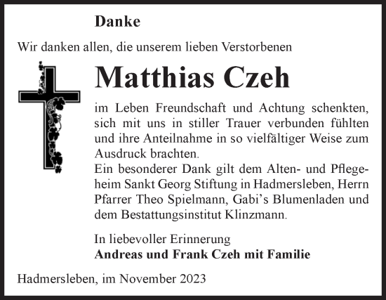 Traueranzeige von Matthias Czeh von Volksstimme Oschersleben/Wanzleben