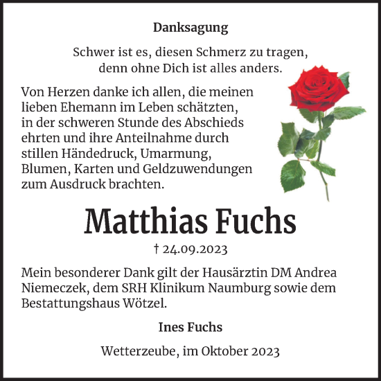 Traueranzeige von Matthias Fuchs von Trauerkombi Zeitz
