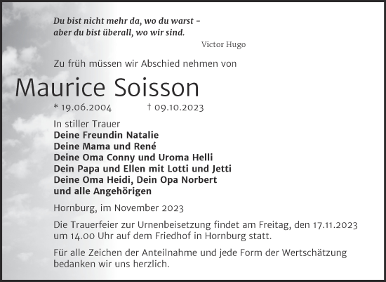 Traueranzeige von Maurice Soisson von Trauerkombi Mansfelder Land