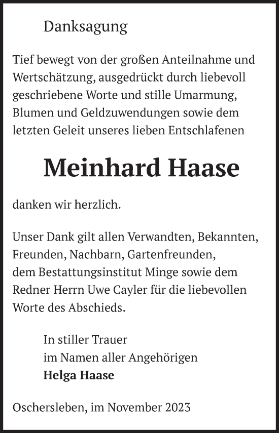 Traueranzeige von Meinhard Haase von Volksstimme Oschersleben/Wanzleben