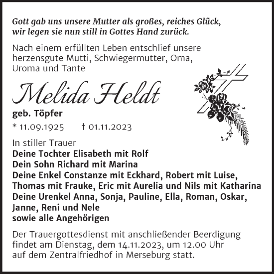 Traueranzeige von Melida Heldt von Trauerkombi Merseburg