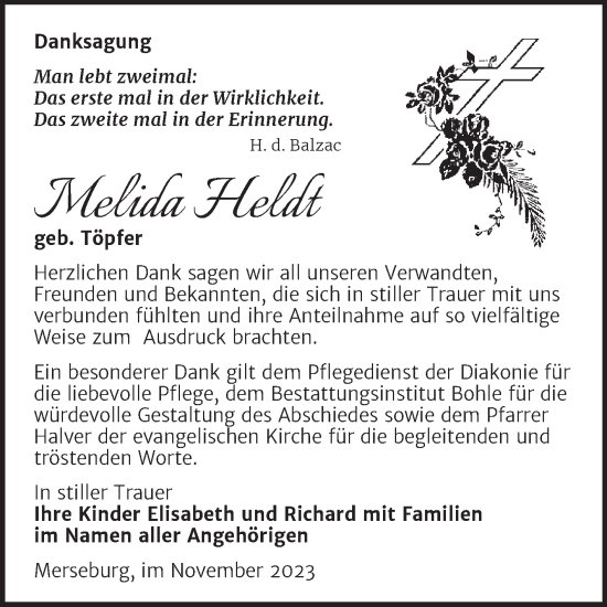 Traueranzeige von Melida Heldt von Trauerkombi Merseburg