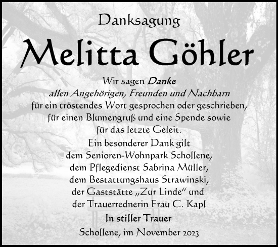 Traueranzeige von Melitta Göhler von Volksstimme Altmark Ost