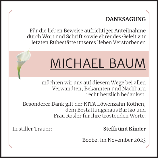 Traueranzeige von Michael Baum von Trauerkombi Köthen
