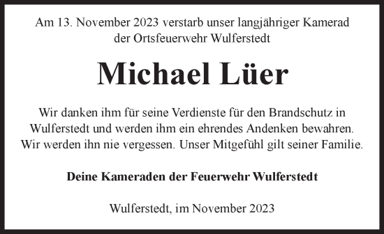 Traueranzeige von Michael Lüer von Volksstimme Oschersleben/Wanzleben