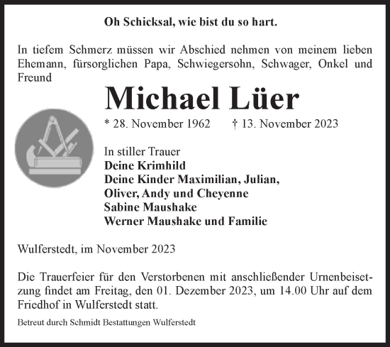 Traueranzeige von Michael Lüer von Volksstimme Oschersleben/Wanzleben