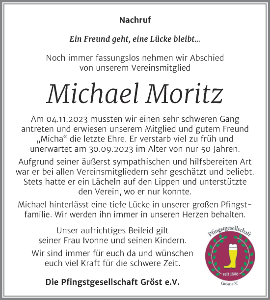 Traueranzeige von Michael Moritz von Trauerkombi Merseburg