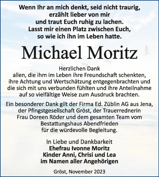 Traueranzeige von Michael Moritz von Trauerkombi Merseburg