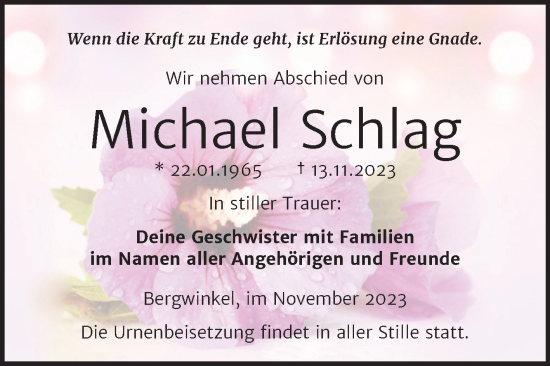Traueranzeige von Michael Schlag von Wochenspiegel Naumburg/Nebra