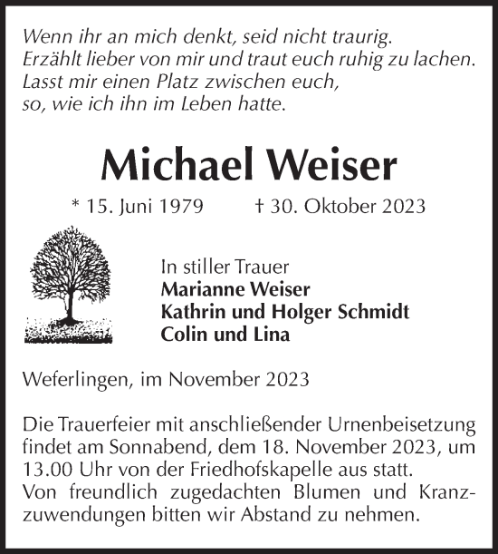 Traueranzeige von Michael Weiser von Volksstimme Haldensleben/Wolmirstedt