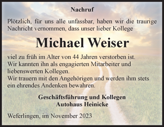 Traueranzeige von Michael Weiser von Volksstimme Haldensleben/Wolmirstedt
