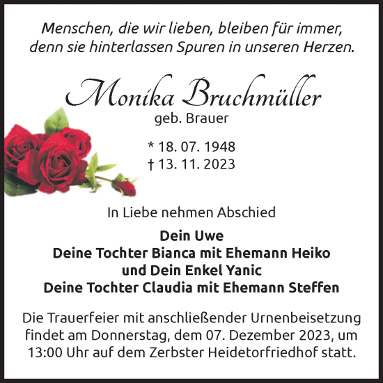 Traueranzeige von Monika Bruchmüller von Volksstimme Zerbst