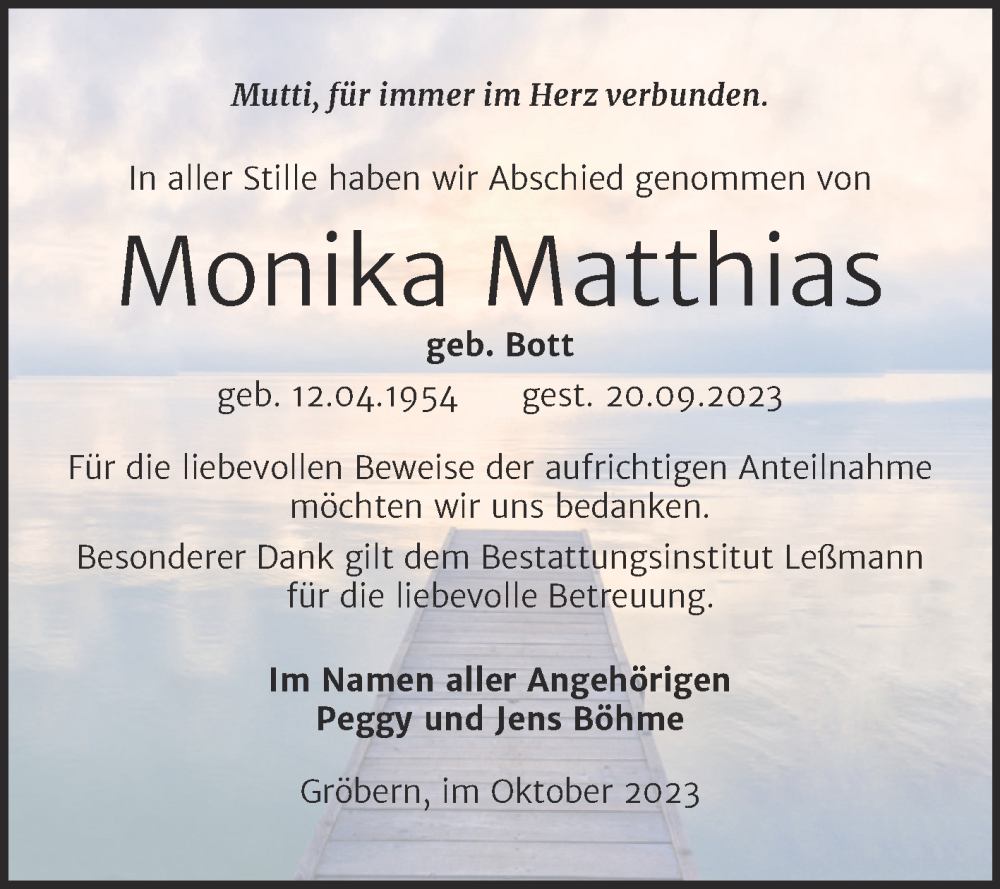  Traueranzeige für Monika Matthias vom 01.11.2023 aus Trauerkombi Bitterfeld