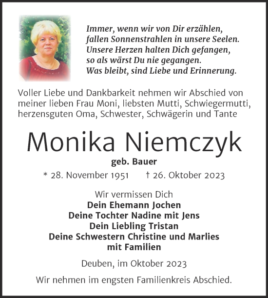 Traueranzeige von Monika Niemczyk von Trauerkombi Weißenfels