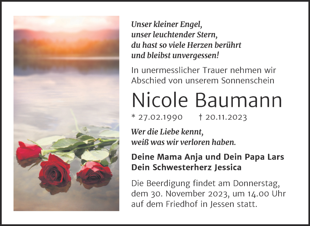  Traueranzeige für Nicole Baumann vom 25.11.2023 aus Trauerkombi Wittenberg