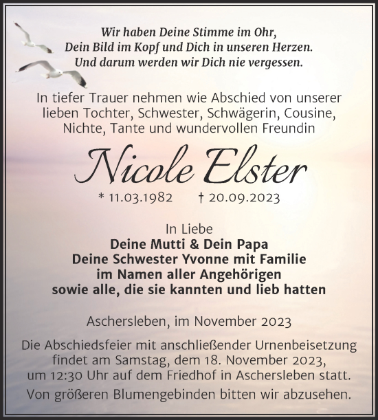 Traueranzeige von Nicole Elster von Trauerkombi Aschersleben