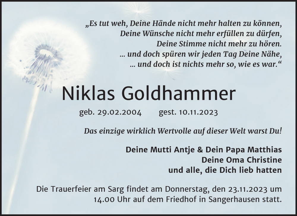  Traueranzeige für Niklas Goldhammer vom 18.11.2023 aus Mitteldeutsche Zeitung Sangerhausen
