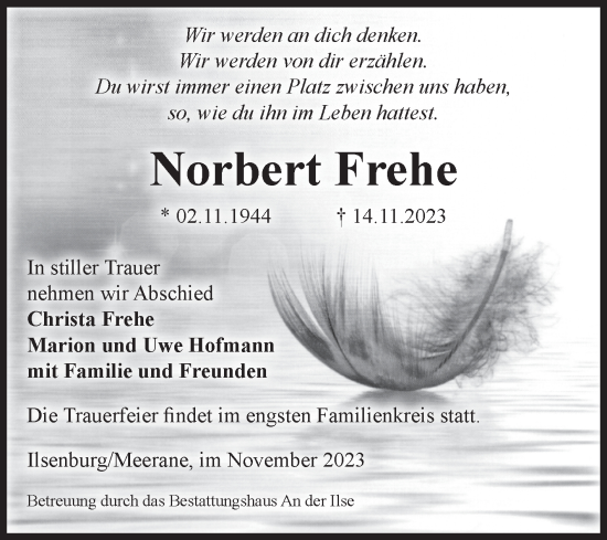 Traueranzeige von Norbert Frehe von Volksstimme Wernigerode