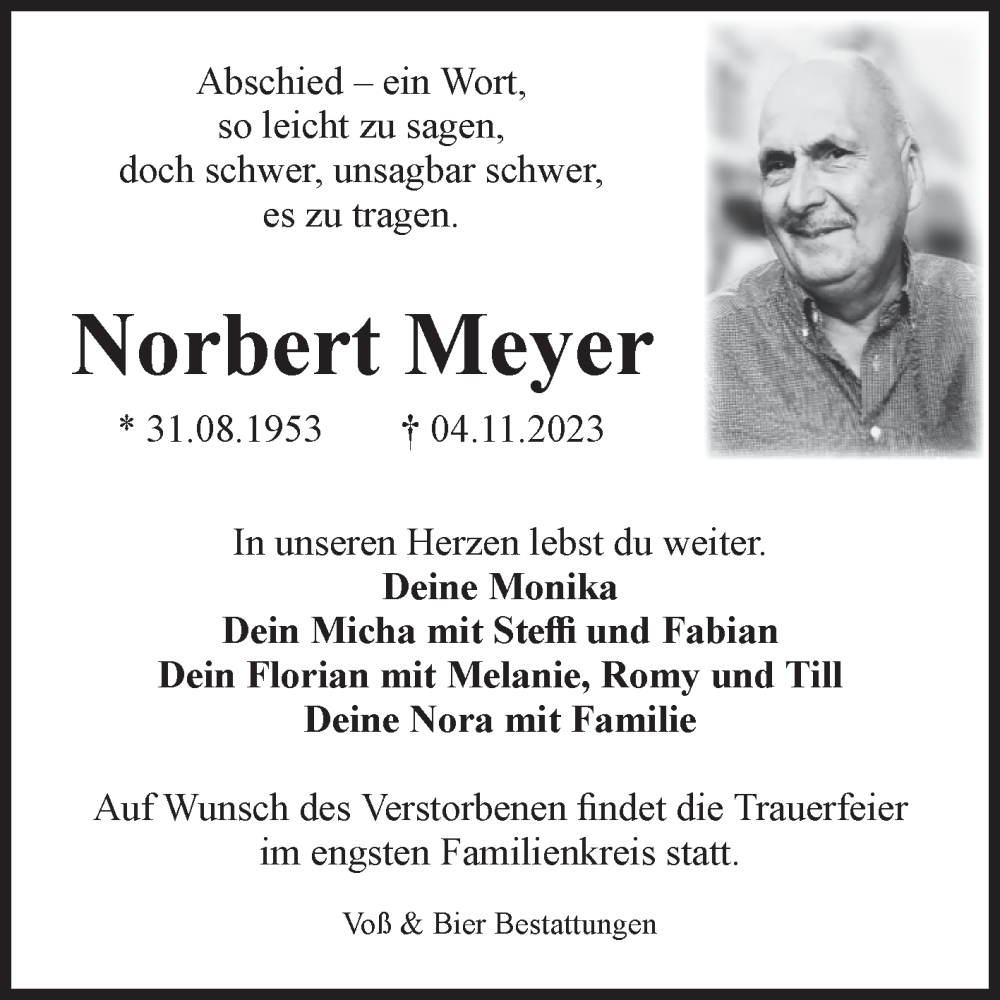  Traueranzeige für Norbert Meyer vom 11.11.2023 aus Volksstimme Wernigerode