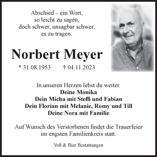 Traueranzeige von Norbert Meyer von Volksstimme Wernigerode