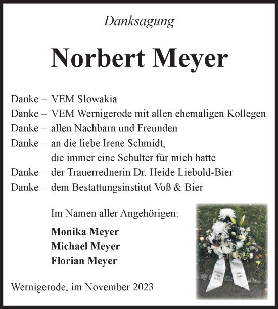 Traueranzeige von Norbert Meyer von Volksstimme Wernigerode