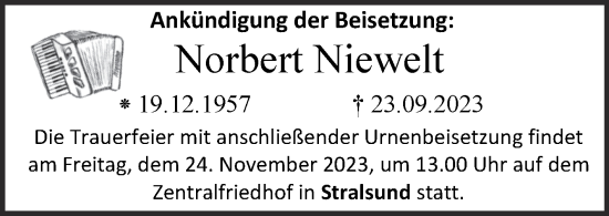 Traueranzeige von Norbert Niewelt von Trauerkombi Dessau