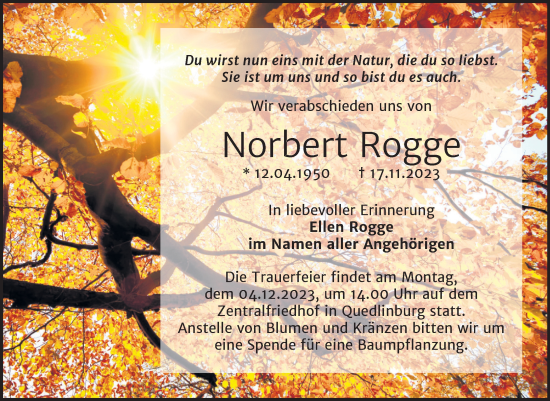 Traueranzeige von Norbert Rogge von Trauerkombi Quedlinburg