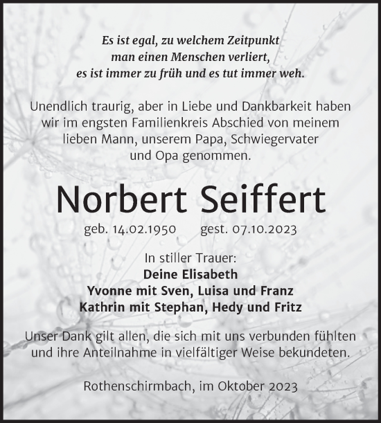 Traueranzeige von Norbert Seiffert von Trauerkombi Mansfelder Land