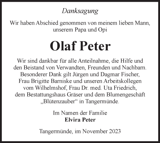 Traueranzeige von Olaf Peter von Volksstimme Altmark Ost