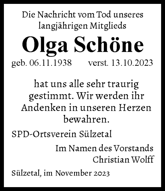 Traueranzeige von Olga Schöne von Volksstimme Oschersleben/Wanzleben