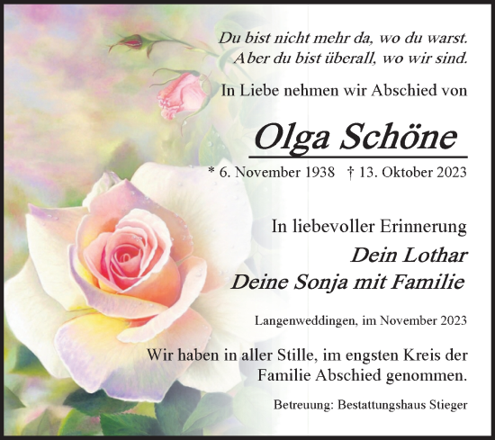 Traueranzeige von Olga Schöne von Volksstimme Oschersleben/Wanzleben