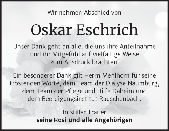 Traueranzeige von Oskar Eschrich von Wochenspiegel Naumburg/Nebra