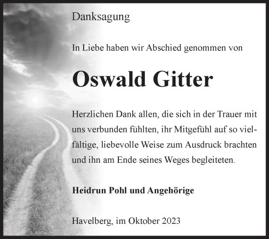 Traueranzeige von Oswald Gitter von Volksstimme Altmark Ost