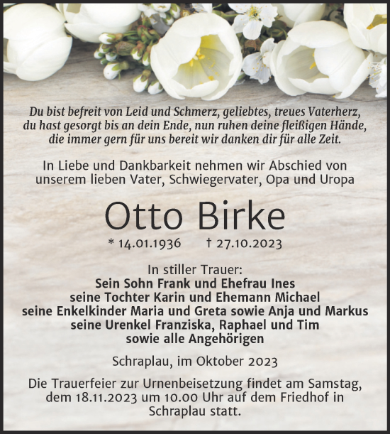 Traueranzeige von Otto Birke von Trauerkombi Merseburg