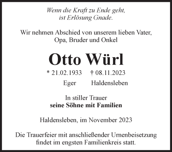 Traueranzeige von Otto Würl von Volksstimme Haldensleben/Wolmirstedt