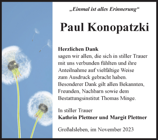 Traueranzeige von Paul Konopatzki von Volksstimme Oschersleben/Wanzleben