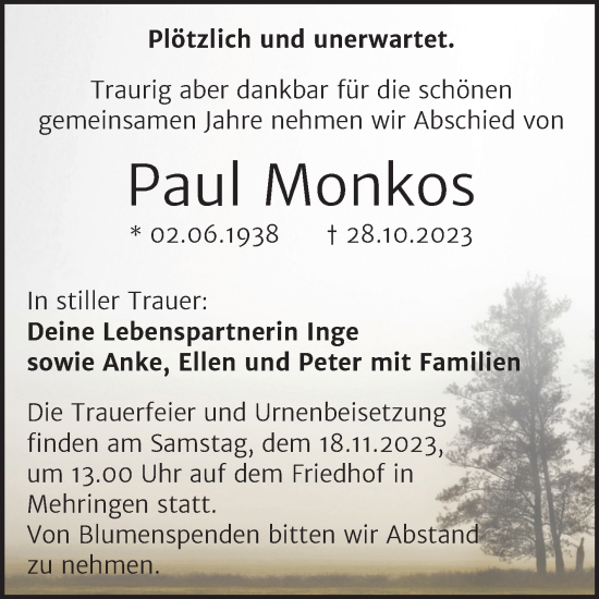 Traueranzeige von Paul Monkos von Trauerkombi Aschersleben