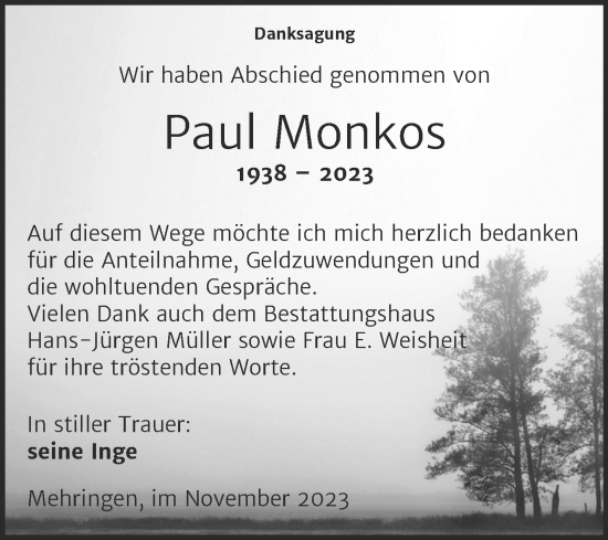 Traueranzeige von Paul Monkos von Trauerkombi Aschersleben