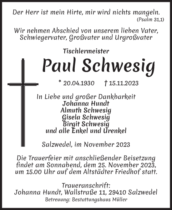 Traueranzeige von Paul Schwesig von Volksstimme Altmark West