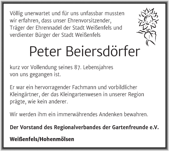 Traueranzeige von Peter Beiersdörfer von Trauerkombi Weißenfels
