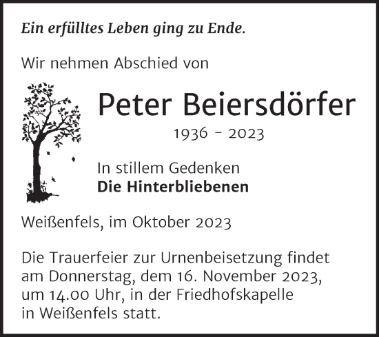 Traueranzeige von Peter Beiersdörfer von Trauerkombi Weißenfels