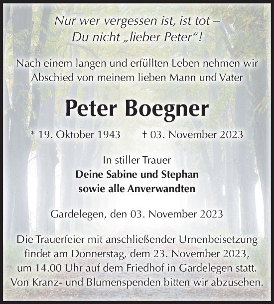Traueranzeige von Peter Boegner von Volksstimme Altmark West