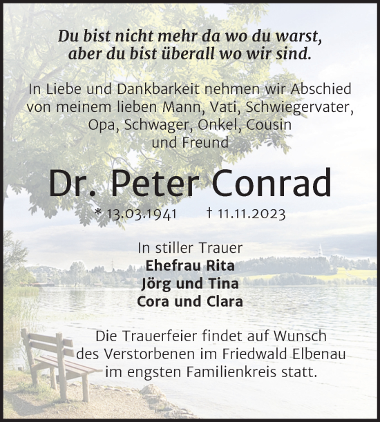 Traueranzeige von Peter Conrad von Trauerkombi Bernburg