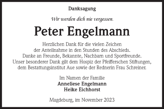 Traueranzeige von Peter Engelmann von Volksstimme Magdeburg