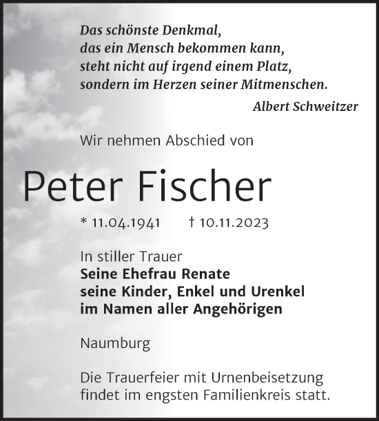 Traueranzeige von Peter Fischer von Naumburger Tageblatt