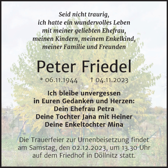 Traueranzeige von Peter Friedel von Trauerkombi Merseburg
